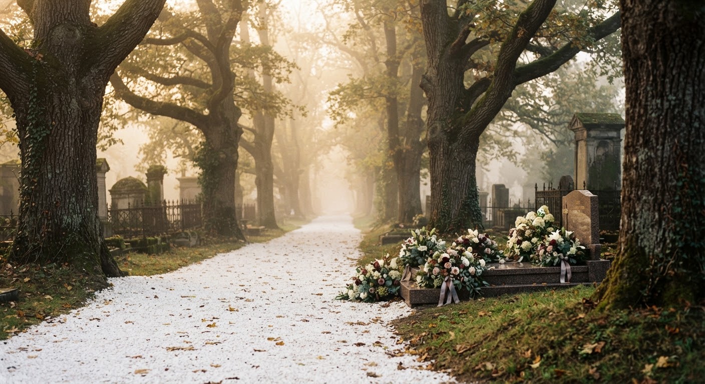 Friedhof mit alten Eichen, Morgennebel, Kieswegen und Blumenschmuck im warmen Sonnenlicht